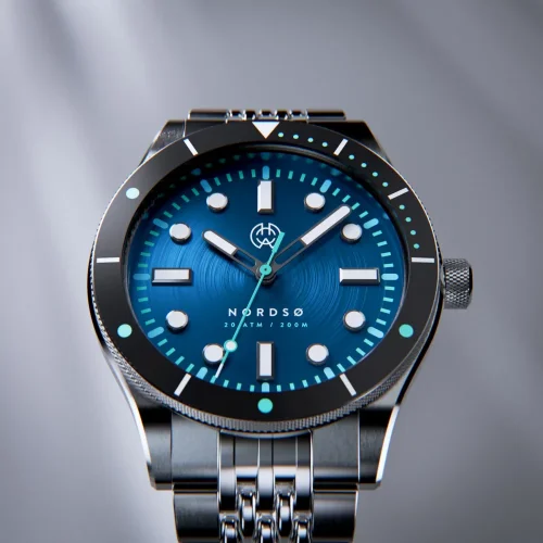 Miesten hopeinen Henryarcher Watches -kello teräshihnalla Nordsø - Horizon Blue Moon Grey 40MM Automatic
