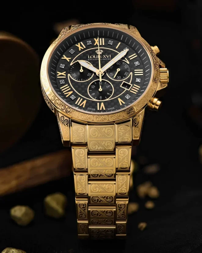 Relógio masculino Louis XVI de ouro com pulseira de aço Palais Royale 1018 - Gold 43MM