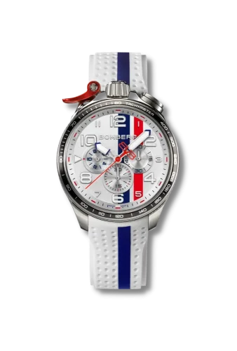 Stříbrné pánské hodinky Bomberg s gumovým páskem Racing 3.8 White / Blue 45MM