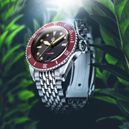 Muški srebrni sat NTH Watches s čeličnim remenom Barracuda Vintage Legends Series No Date - Red Automatic 40MM