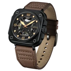 Čierne pánske hodinky OLTO-8 s koženým remienkom IRON-X Square Skeleton Black / Brown 46MM Automatic