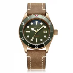 Złoty zegarek męski Aquatico Watches ze skórzanym paskiem Bronze Sea Star Military Green Automatic 42MM