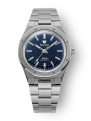 Męski srebrny zegarek Nivada Grenchen ze stalowym paskiem F77 TITANIUM DARK BLUE AVENTURINE 68018A77 37MM Automatic