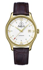 Złoty zegarek męski Delbana Watches ze skórzanym paskiem Della Balda Gold / Brown 40MM Automatic