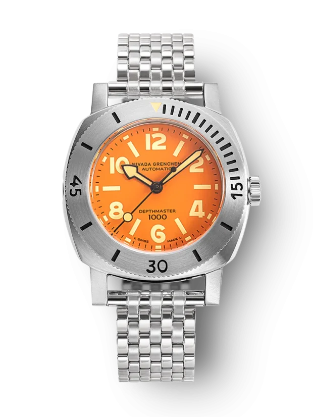 Men's silver Nivada Grenchen watch with rubber steel Orange Depthmaster 14127A12 39MM Automatic