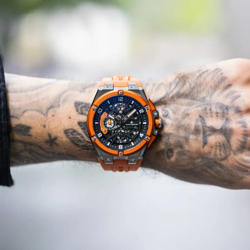 Stříbrné pánské hodinky Ralph Christian s gumovým páskem The Apex Chrono - Sunset Orange 46MM