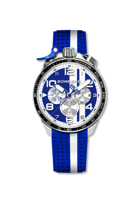 Silberne Herrenuhr Bomberg Watches mit Gummiband RACING 4.1 Blue 45MM