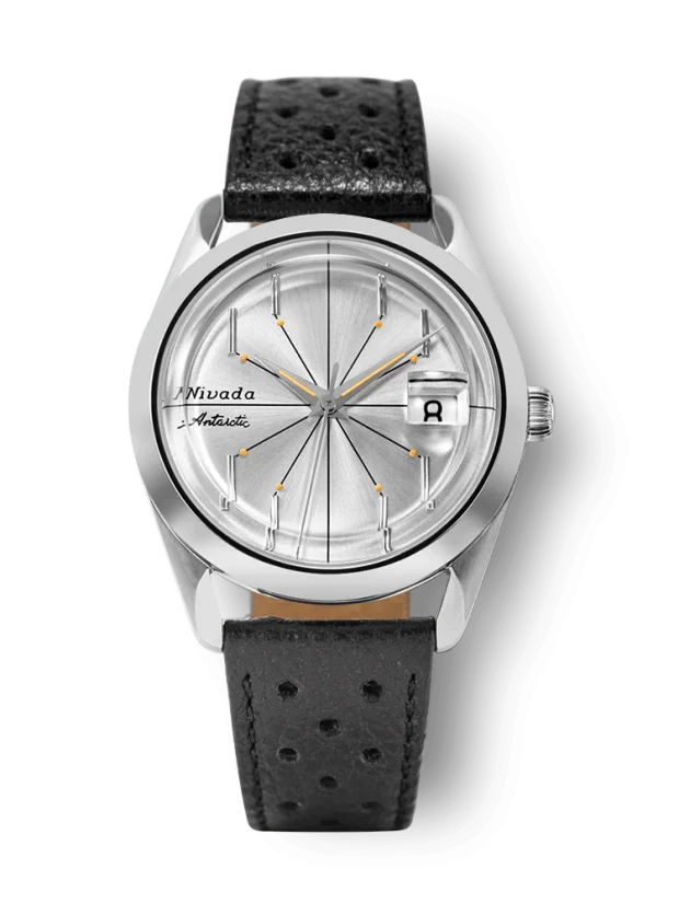 Stříbrné pánské hodinky Nivada Grenchen s koženým páskem Antarctic Spider 32023A10 38MM Automatic