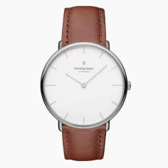 Stříbrné pánské hodinky Nordgreen s koženým páskem Native White Dial - Brown Leather / Silver 36MM