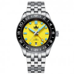 Strieborné pánske hodinky Phoibos Watches s oceľovým pásikom GMT Wave Master 200M - PY049F Yellow Automatic 40MM