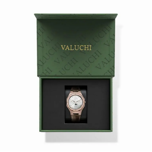 Zlatni muški sat Valuchi Watches sa kožnim remenom Lunar Calendar - Rose Gold White Leather 40MM