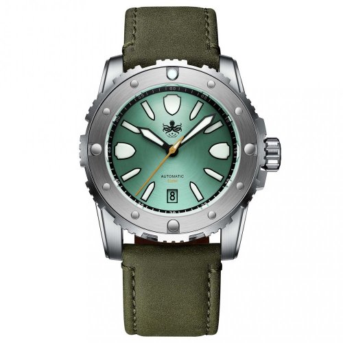Miesten hopeinen Phoibos Watches - kello nahkarannekkeella Great Wall 300M - Green Automatic 42MM Limited Edition