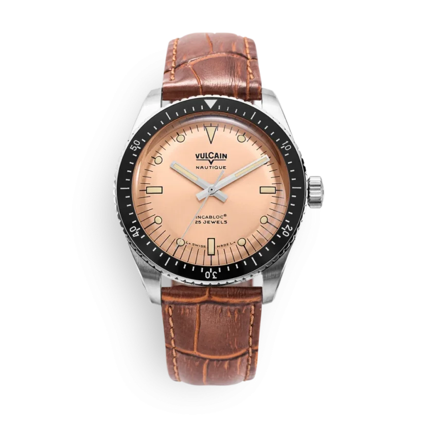Men's silver Vulcain watch with leather strap Skindiver Nautique - Brown - BROWN CALF SKIN LEATHER ALLIGATOR-PRINTED 44,5MM Automatic