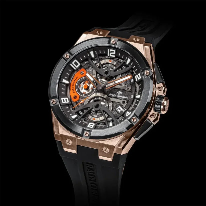 Czarny męski zegarek Ralph Christian z gumką The Apex Chrono - Rose Gold Eclipse 46MM