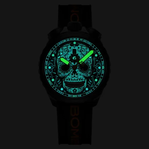 Reloj Bomberg Watches negro con banda de goma SUGAR SKULL ORANGE 45MM