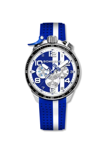 Srebrny zegarek męski Bomberg Watches z gumowym paskiem RACING 4.1 Blue 45MM