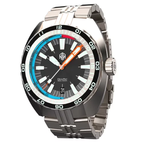 Miesten hopeinen NTH Watches -kello teräshihnalla DevilRay GMT With Date - Silver / Black Automatic 43MM
