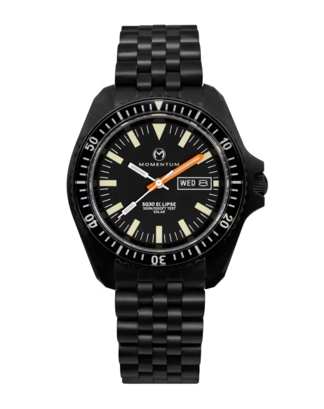 Relógio Momentum Watches homem preto com cintura de aço SQ30 Eclipse Solar Black-Ion - TROPIC FKM STEEL 42MM