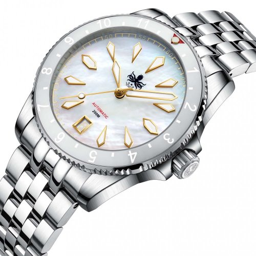 Męski srebrny zegarek Phoibos Watches ze stalowym paskiem Voyager PY035E - Automatic 39MM