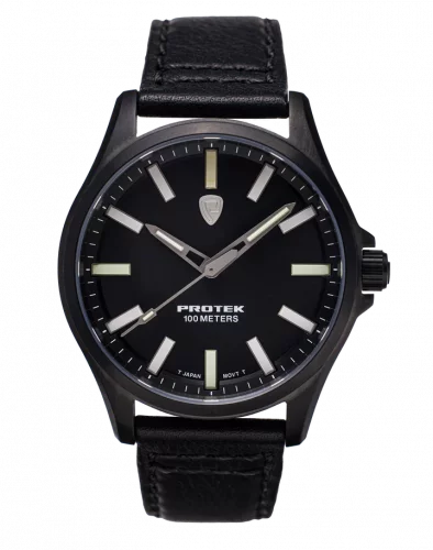 Czarny męski zegarek ProTek Watches ze skórzanym paskiem Field Series 3002 40MM