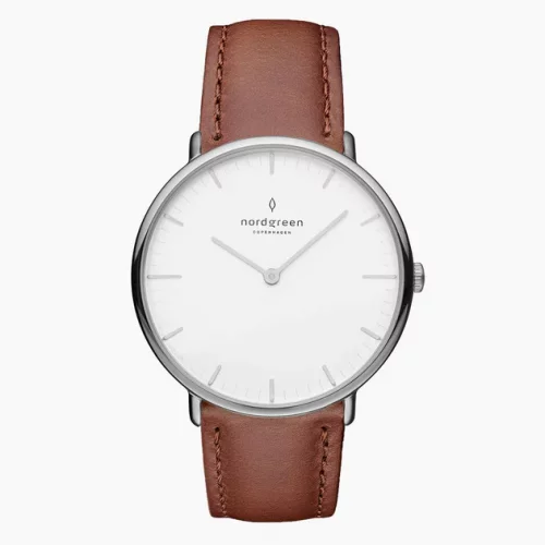 Men's silver Nordgreen watch with leather strap Native White Dial - Brown Leather / Silver 40MM