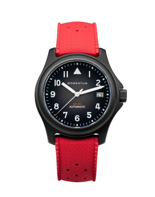 Zwart herenhorloge van Momentum Watches met een rubberen band Atlas Automatic Black-Ion - Red Tropic Rubber 38MM Automatic