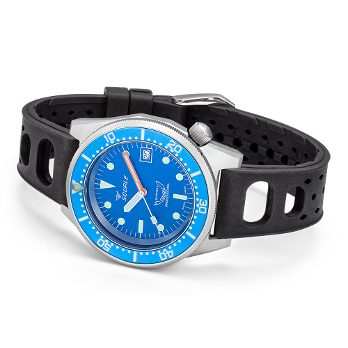 Strieborné pánske hodinky Squale s gumovým pásikom 1521 Blue Blasted Rubber - Silver 42MM Automatic