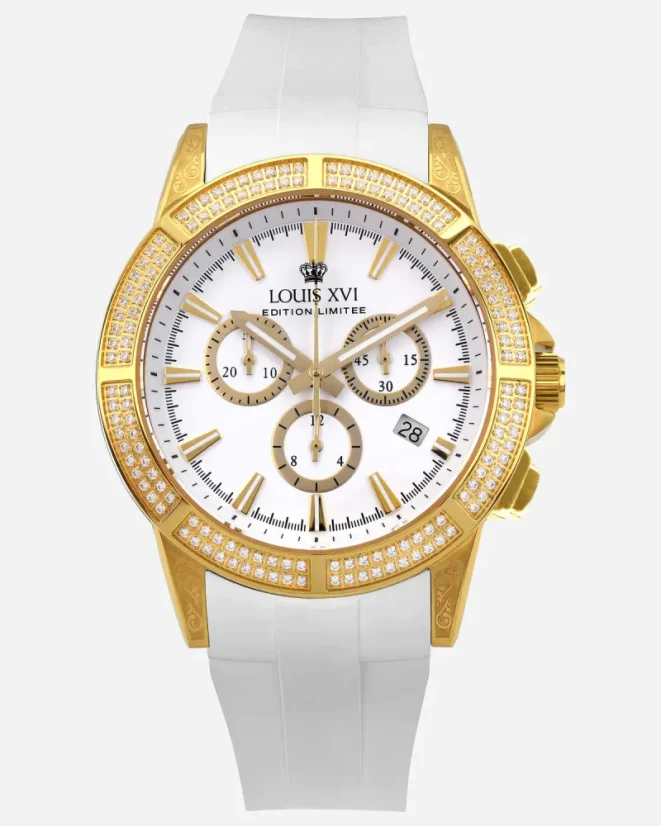 Zlaté pánské hodinky Louis XVI s gumovým páskem Majesté Iced Out Royale - 1136 Silver 43MM