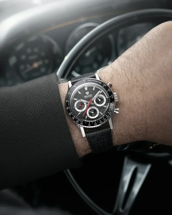 Stříbrné pánské hodinky Nivada Grenchen Chronoking Mecaquartz Racing Black 87048Q01 38MM