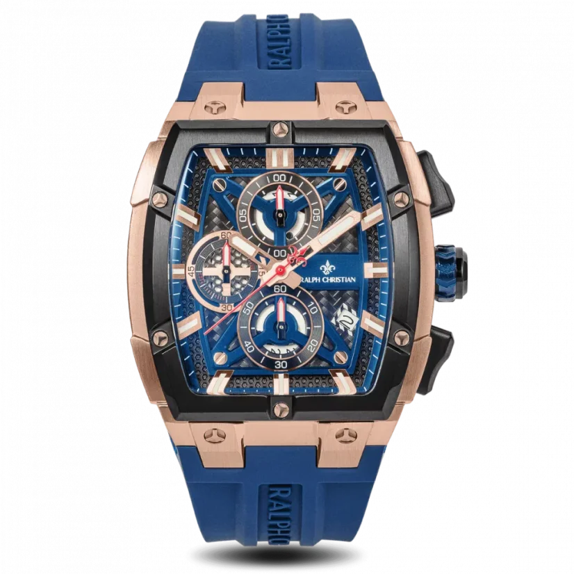 Goldene Herrenuhr Ralph Christian mit Gummiband The Polaris Chrono - Rose Gold / Royal Blue 42,5MM
