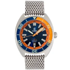 Zilverkleurig herenhorloge van Oceancrawler Watches met stalen band Core Diver - Blue/Orange 44MM
