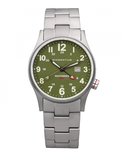 Zilverkleurig herenhorloge van Momentum Watches met stalen riem band Wayfinder GMT Green 40MM