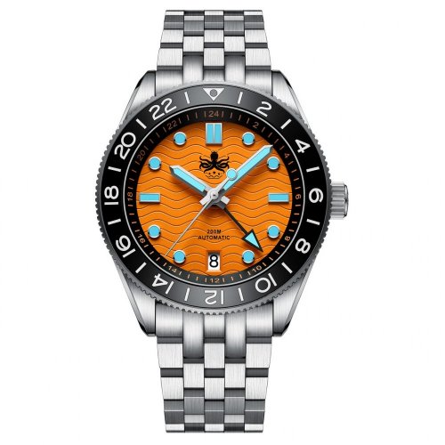 Męski srebrny zegarek Phoibos Watches ze stalowym paskiem GMT Wave Master 200M - PY049G Orange Automatic 40MM