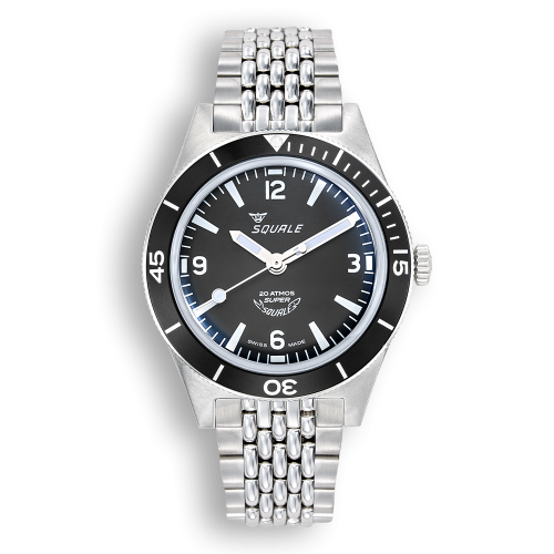 Męski srebrny zegarek Squale ze stalowym paskiem Super-Squale Arabic Numerals Black Bracelet - Silver 38MM Automatic