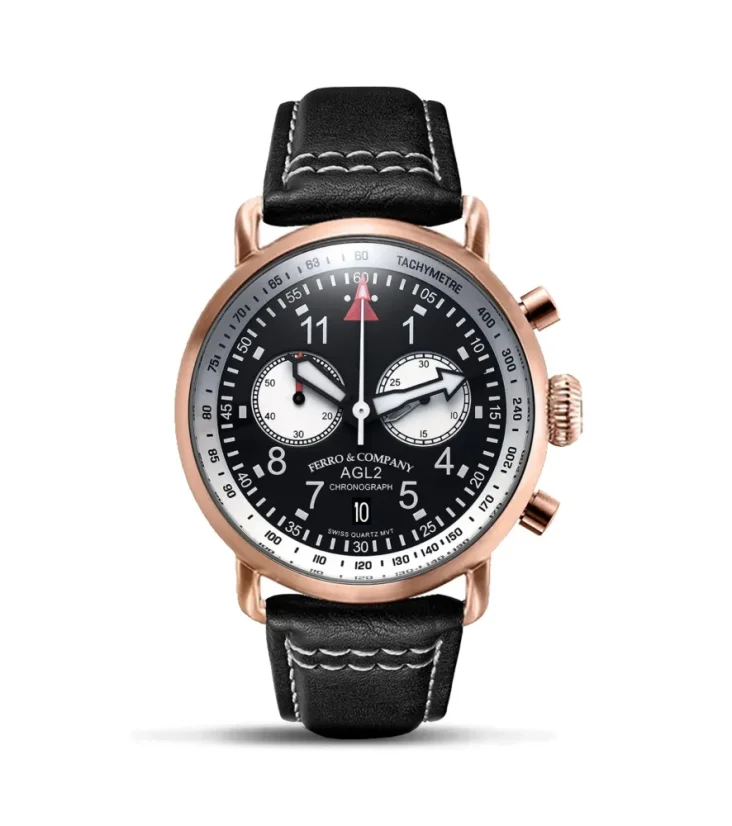 Orologio da uomo Ferro & Company oro con cinturino in pelle AGL 2 Chronograph Black / White / Rose Gold 42MM