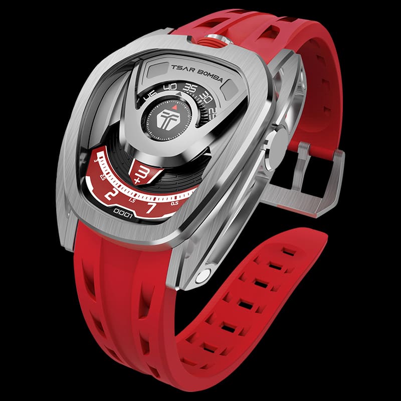 Men's silver Tsar Bomba Watch with a rubber band TB8213 - Silver / Red Automatic 44MM
