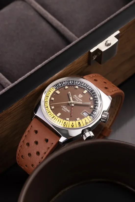 Men's silver Nivada Grenchen watch with leather strap Antarctic GMT - Tropical 32061A17 36MM Automatic
