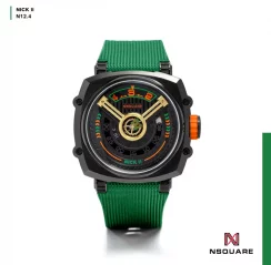 Czarny zegarek męski Nsquare ze gumowym paskiem NSQUARE NICK II Black / Green 45MM Automatic