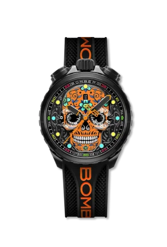 Černé pánské hodinky Bomberg s gumovým páskem SUGAR SKULL ORANGE 45MM