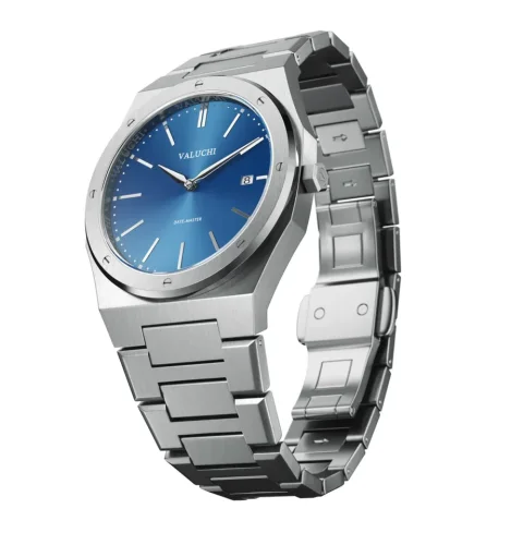 Zilverkleurig herenhorloge van Valuchi Watches met stalen band Date Master - Silver Blue 40MM