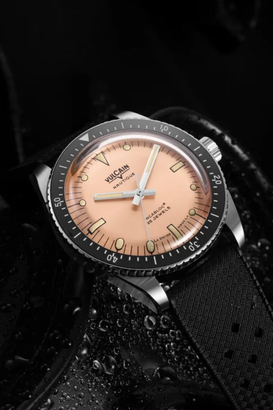 Men's silver Vulcain watch with rubber strap Skindiver Nautique - Salmon Beige Luminova - Rubber 44,5MM Automatic