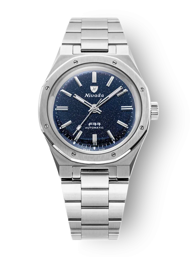 Men's silver Nivada Grenchen watch with steel strap F77 DARK BLUE 68010A77 37MM Automatic