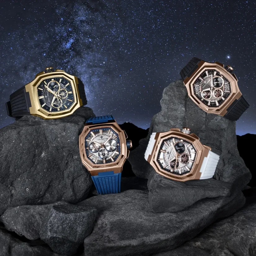 Zlaté pánské hodinky Ralph Christian s gumovým páskem The Equinox Chrono - Golden Eclipse 47MM