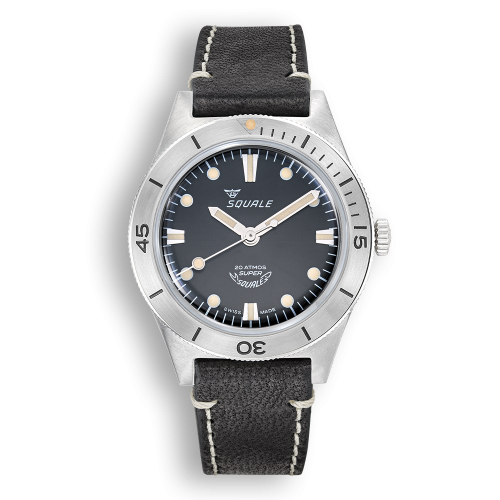 Męski srebrny zegarek Squale ze skórzanym paskiem Super-Squale Sunray Black Leather - Silver 38MM Automatic
