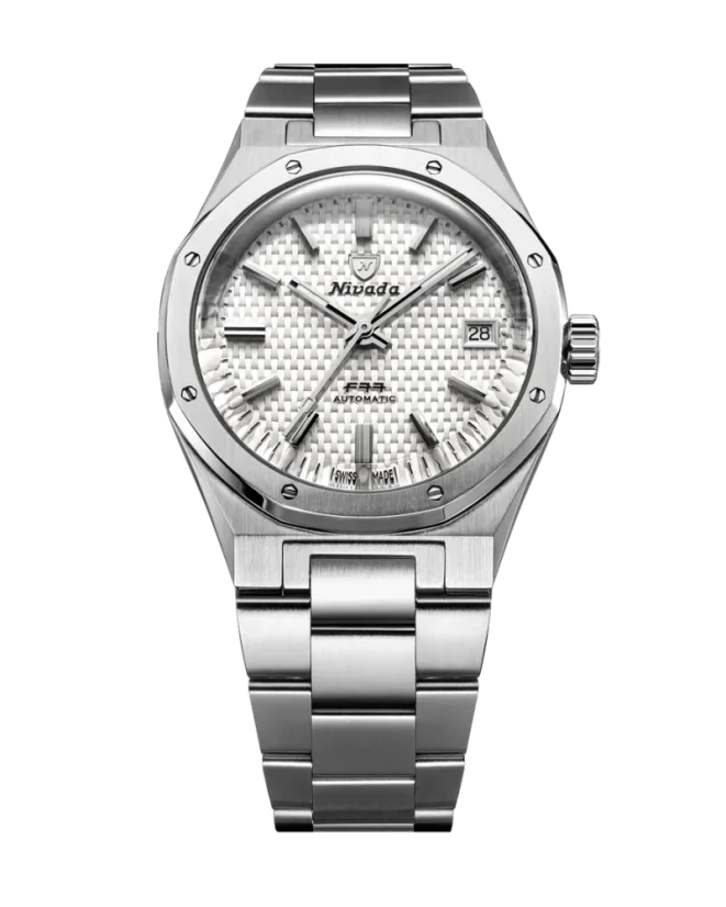 Men's silver Nivada Grenchen watch with steel strap 77 SST WHITE MK2 69014A77 With Date 38MM Automatic