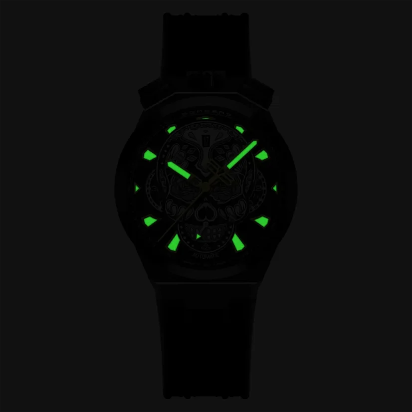 Schwarze Herrenuhr Bomberg Watches mit Gummiband CHRONO SKULL THROWBACK EDITION - ALL BLACK 44MM Automatic