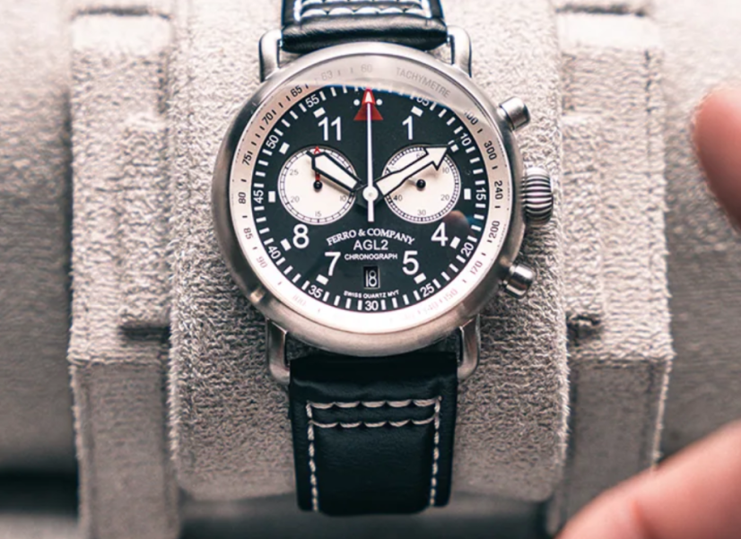 Men's silver Ferro & Company with leather strap AGL 2 Chronograph Black / White 42MM