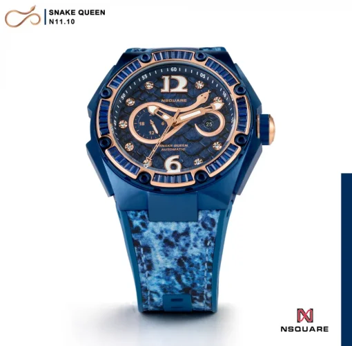 Modré pánske hodinky Nsquare s koženým opaskom SnakeQueen Blue 46MM Automatic