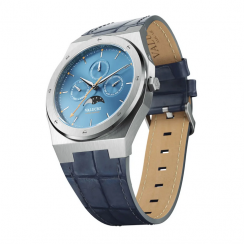 Miesten hopea Valuchi Watches - kello nahkarannekkeella Lunar Calendar - Silver Blue Leather 40MM