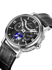 Relógio Waldhoff bracelete de prata com pele para homem Multimatic II Obsidian Black 41MM Automatic
